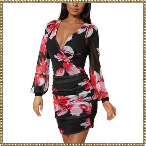 Bebe Black Long Sleeve Ruched Mesh Wrap Mini Dress XL